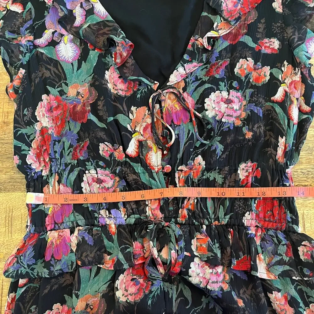 Paige Paradis 100% Silk Ruffle Floral Midi Dress M Dark Romantic Wedding Guest - Picture 12 of 13